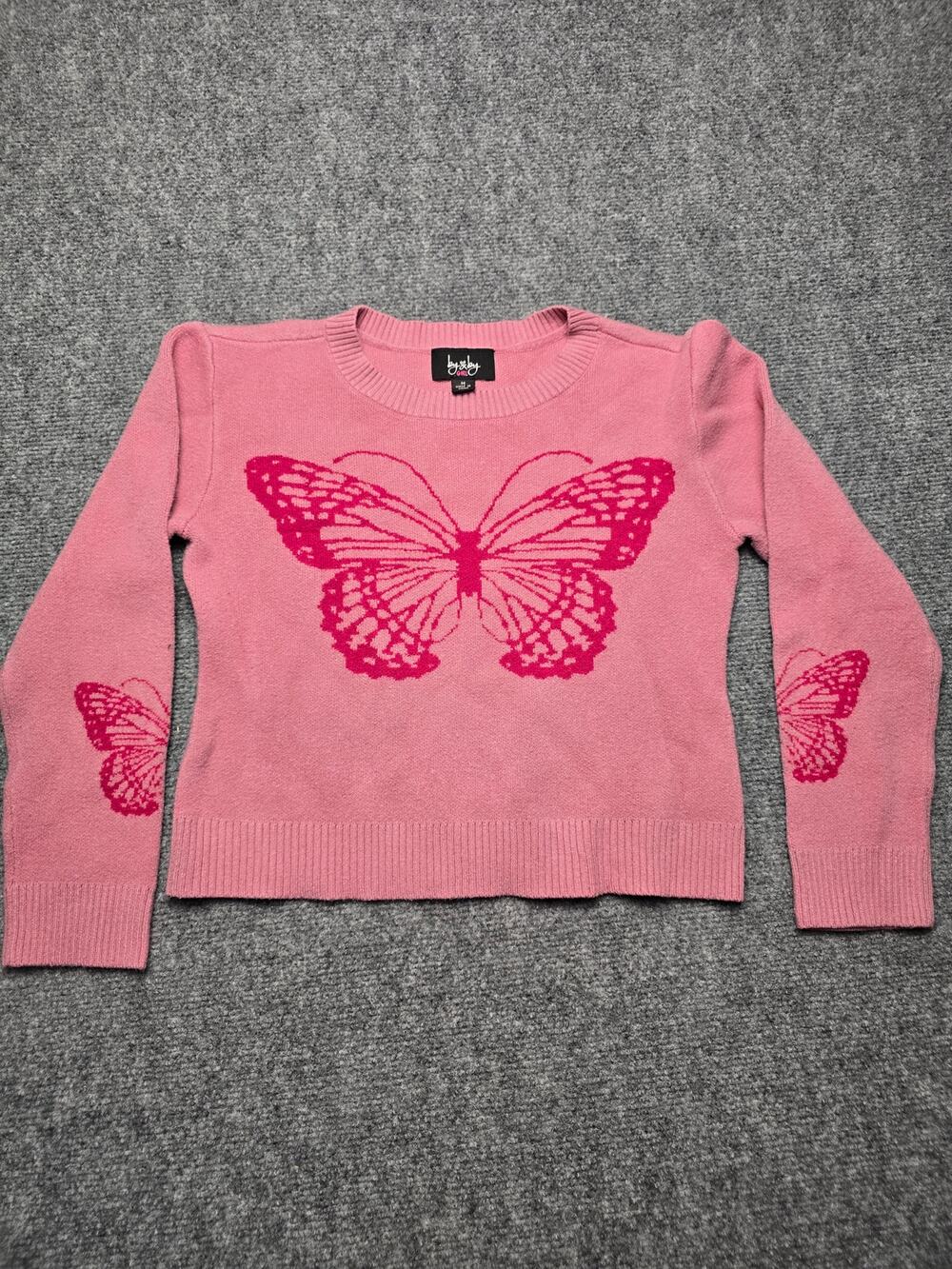 By & By Girl Butterfly Sweater Girls M 10/12 Pink Knit Crewneck Y2K